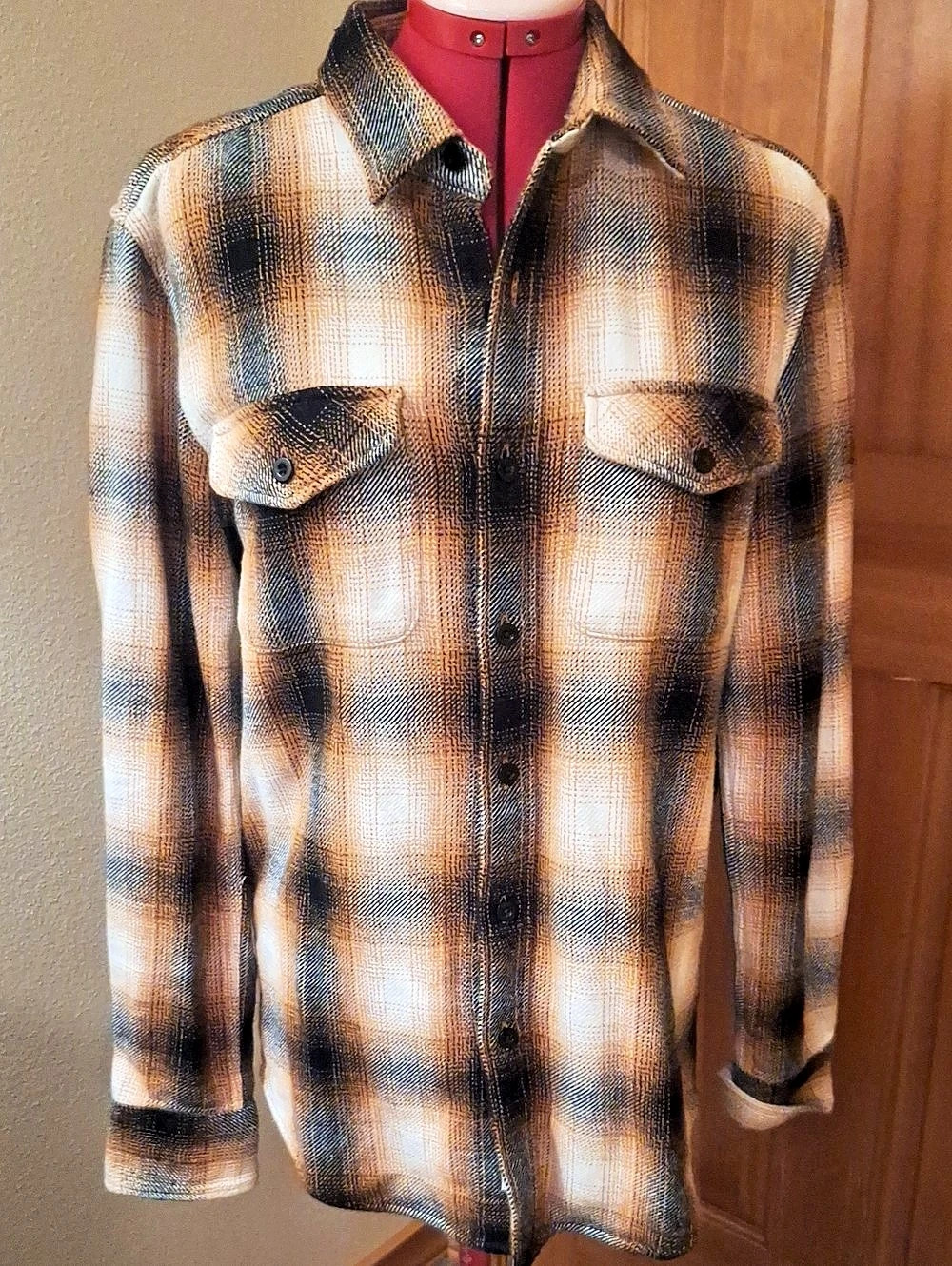 Plaid Button Down Shirt in Brown, Tan & Cream Like New Size SP